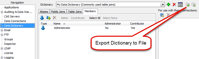 Export Dictionary to File option on the upper right of the Data Dictionary screen